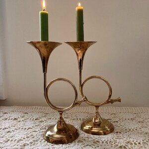 Vintage Brass French Horn Candle Holders - Set of 2 - Made in India